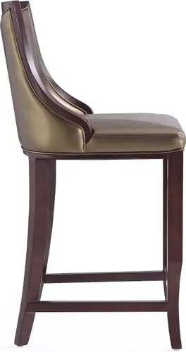 Vista 6 de Manhattan Comfort Emperor Taburetes de bar de cuero vegano con respaldo, acolchado de espuma y marco de madera de haya maciza, taburete de bar bronce
