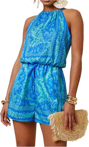 Vista 17 de SweatyRocks - Enterizo de una pieza con estampado integral, sin mangas, con cuello halter y bolsillo, de cintura alta para mujer Azul