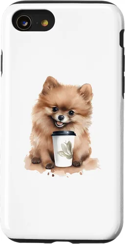 Vista 18 de iPhone 16 Pomerania perro con café estilo acuarela caso