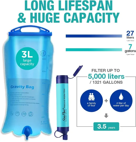 Vista 3 de SimPure Filtro de agua por gravedad, purificador de agua portátil alimentado por gravedad con bolsa de 3 L, correa de árbol, equipo de supervivencia