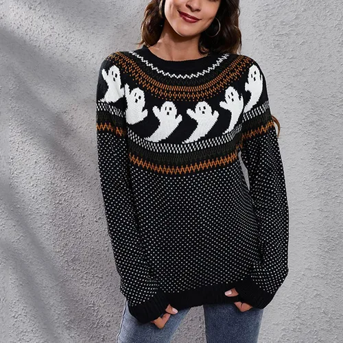 Vista 4 de Cocoarm Suéter de invierno básico de punto de manga larga con cuello redondo para mujer, casual, Halloween, estampado de fantasmas