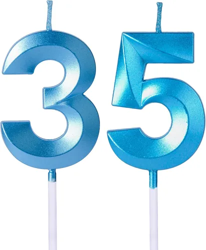 Vista 11 de Velas rojas de cumpleaños 35 y 53 para pasteles, número 35 53 con purpurina para decoración de tartas de fiesta, aniversario, boda, celebración