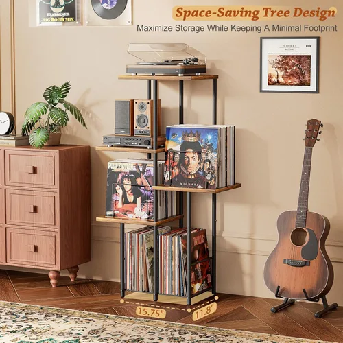 Vista 5 de Soporte para Tocadiscos, Soporte de Almacenamiento de Discos de Vinilo con Estante de Exhibición, Mesa de Soporte para Tocadiscos con Divisores