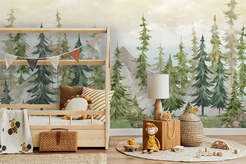 Vista 6 de Murwall Papel pintado de acuarela para niños, bosque y vivero, pino