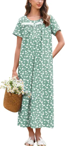 Vista 21 de Ekouaer Camisón para Mujeres de Algodón Camisón Largo de Noche Camisón de Manga Corta con Bolsillos Camisón con Botones Ropa de Dormir Suave