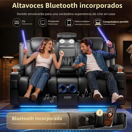 Vista 4 de Sofá reclinable eléctrico, asiento de cine en casa con consola abatible, sofá biplaza reclinable de pared con luz LED, puertos USB, sofá de casa