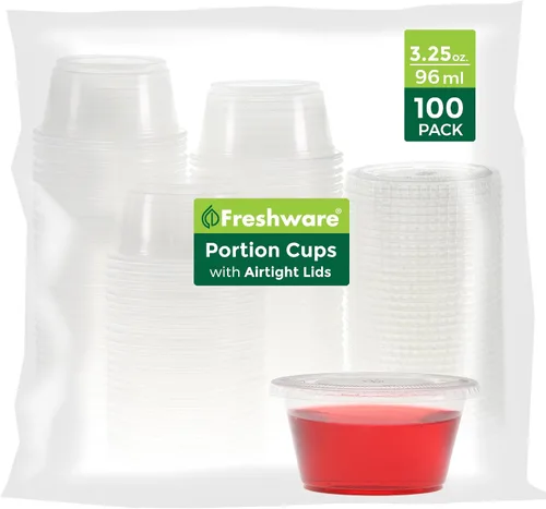 Vista 8 de Freshware Vasos de Plástico para Porciones con Tapas [1 Onza, 100 Juegos] Vasos de Plástico Desechables para Preparación de Comidas, Aderezo
