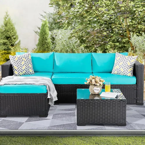 Vista 9 de Shintenchi Juego de 3 muebles de patio al aire libre, juego de conversación de mimbre para patio, sofá de mimbre para todo tipo de clima, sofá
