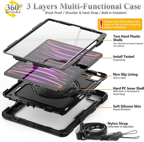 Vista 8 de SEYMAC stock Funda para iPad Pro de 12.9'' 2022/2021/2020/2018 con protector de pantalla giratorio 360 y correa de mano, funda a prueba de caídas