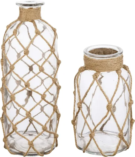 Vista 5 de MyGift Jarrones pequeños de cristal para flores, juego de 2 jarrones de flores costeros con envoltura de cuerda para mesas centros de mesa
