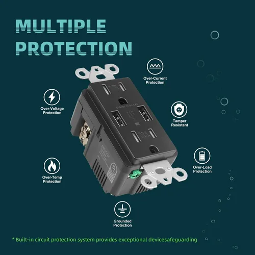 Vista 4 de TOPELER Toma de corriente de carga USB negra de 4.8 A, receptáculo dúplex resistente a manipulaciones de 15 amperios, enchufe eléctrico con puertos
