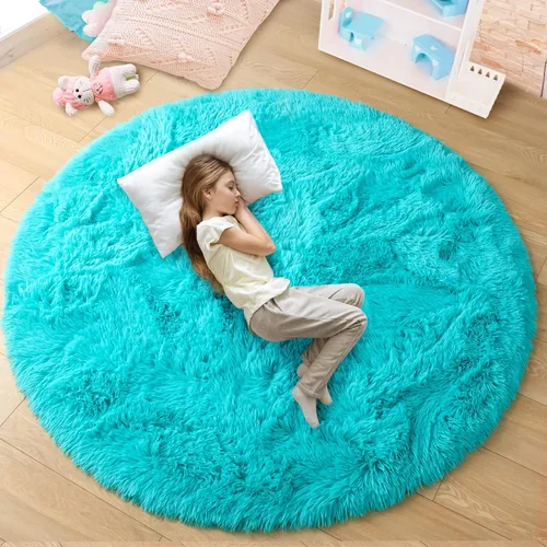 Vista 10 de junovo - Alfombra redonda y esponjosa para niños y niñas, de castillo de princesa, de felpa lanuda, para dormitorio, habitación de bebé, sala