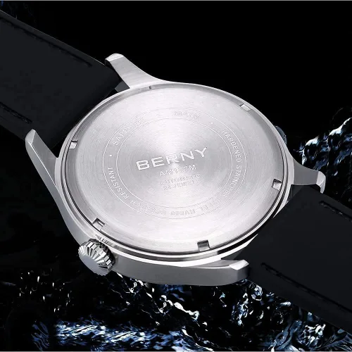 Vista 6 de BERNY Reloj mecánico automático para hombre, reloj de cuerda automática, resistente al agua, 20 ATM, cristal de zafiro, resistente a los arañazos