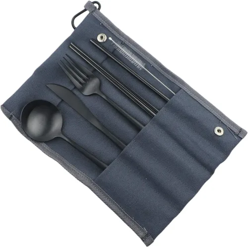 Vista 5 de Utensilios de viaje reutilizables, 7 piezas portátiles de acero inoxidable 304, incluyendo cuchillo, tenedor, cuchara, palillos, cepillo