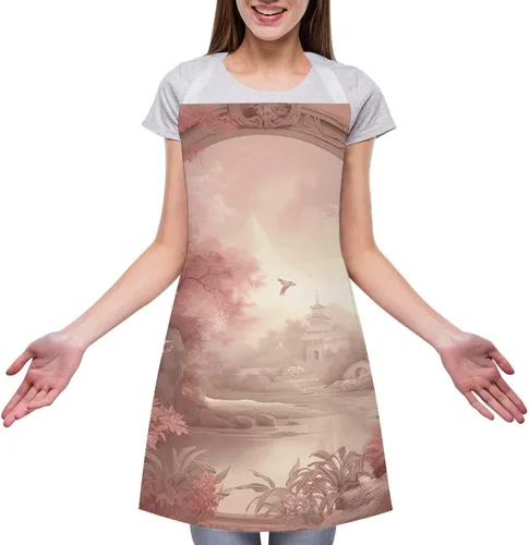 Vista 3 de MUSM Apron for Adults - 27.6 X 31.5 Inch, Heavy-Duty Polyester Aprons with Two Large Pockets, Waterproof Retro Peach Flowers Kitchen Apron for