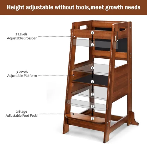 Vista 4 de TOETOL Taburete de bambú para niños, taburete de cocina de aprendizaje de torre de pie para encimera de cocina de 3 alturas ajustables con pizarra