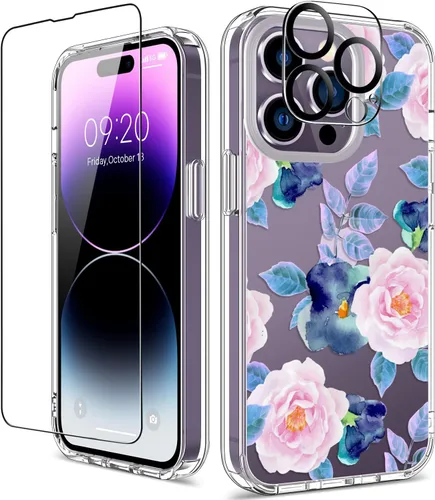 Vista 36 de Funda para iPhone 14 Pro con protector de pantalla, 6.1 pulgadas, transparente de cuerpo completo, a prueba de golpes, diseño floral, para niñas