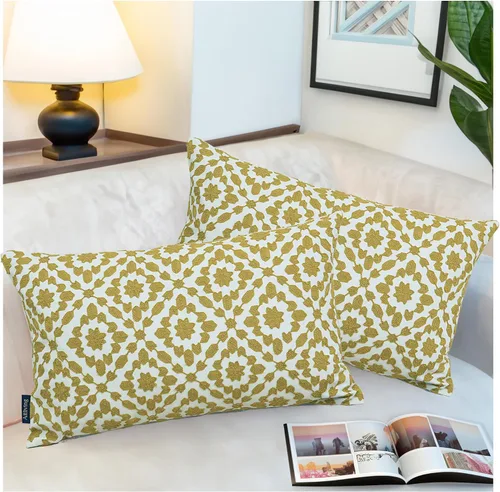 Vista 29 de Funda de almohada de algodón, diseño de bolero. Funda decorativa con diseño geométrico. En lona de algodón. Bordado, con costuras en cadena. 1pc