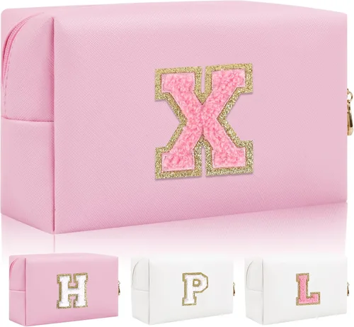 Vista 31 de Bolsa de maquillaje con parche de letra inicial personalizada, bolsa de cosméticos de chenilla preppy con letra de chenilla con cremallera, Y