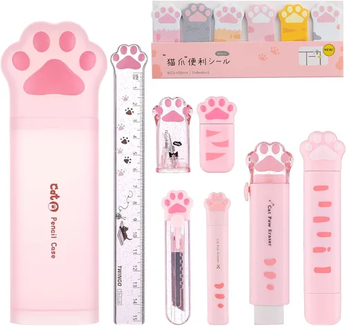 Vista 10 de Juego de 8 piezas de artículos de papelería lindos de patitas de gato, suministros escolares kawaii que incluyen sacapuntas, borrador retráctil