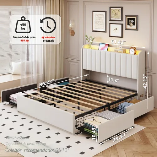 Vista 2 de Base de cama tamaño matrimonial con 4 cajones y cabecera de almacenamiento, base de cama tapizada con luces LED y práctica estación de carga,