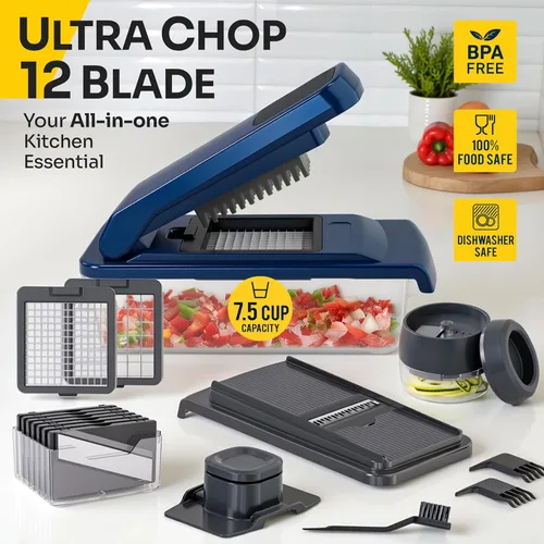 Vista 2 de UltraChop Todo en 1, Picadora de Verduras Resistente de 12 Cuchillas, Contenedor Picador de Alimentos, Espiralizador, Rebanadora Mandolina Picadora
