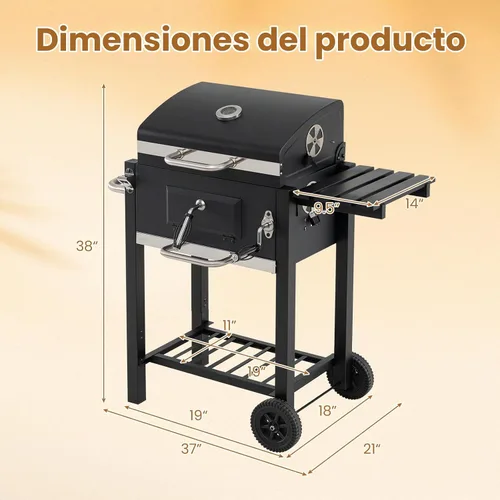 Vista 8 de Giantex Parrilla de carbón con estante lateral plegable, parrilla de barbacoa al aire libre con bandeja de carbón ajustable, termómetro, estantes