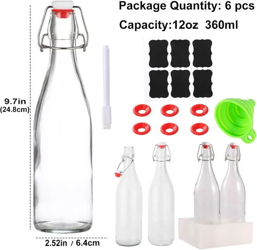 Vista 2 de Paquete de 6 botellas de vidrio con tapa abatible de 12 onzas, con tapas herméticas para elaboración casera, 2ª fermentación, kombucha, kéfir