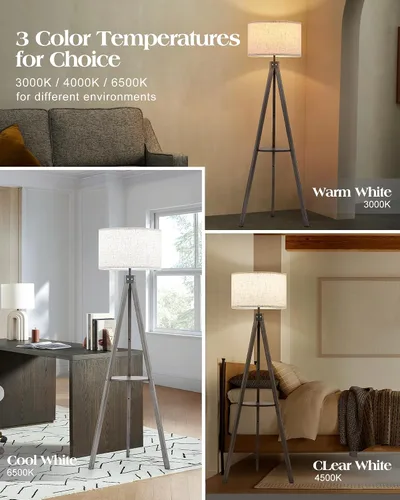 Vista 2 de ELYONA Lámpara de pie con trípode de madera estilo granja con mesa, lámpara de pie de lectura moderna con 3 temperaturas de color, bombilla LED