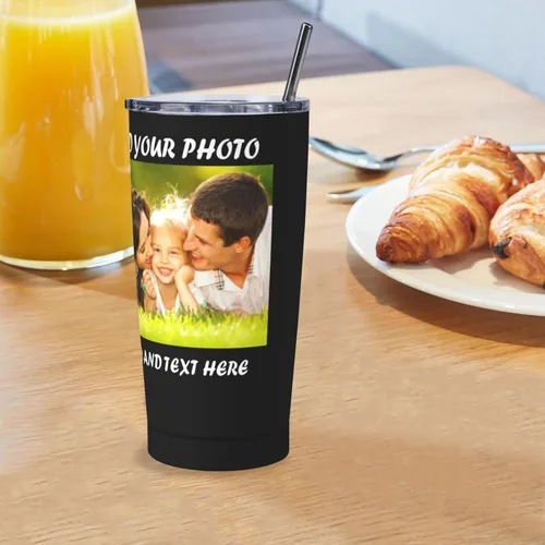 Vista 6 de Vaso de café personalizado con imagen, texto, nombre, logotipo, foto personalizada, vaso de acero inoxidable de 20 onzas con tapa y aislamiento al