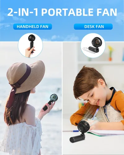 Vista 2 de Ventilador de mano portátil, mini ventilador de escritorio plegable de 2000 mAh, rotación de 180°, 3 velocidades, ultra silencioso, hasta 8 horas