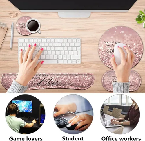 Vista 3 de Reposamuñecas para teclado + alfombrilla para mouse + reposamuñecas para mouse + posavasos, espuma viscoelástica ergonómica, juego de 4 almohadillas
