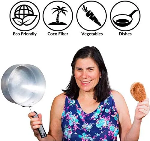 Vista 6 de Paquete de 3 cepillos para verduras Tawashi de fibra de coco natural, diseño japonés, ideal para frutas, verduras y uso doméstico con lazo
