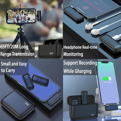 Vista 7 de 2 micrófonos de solapa inalámbricos 3 en 1 para iPhone, iPad, USB C, Android, portátil, con estuche de carga, clip en la solapa, mini micrófono