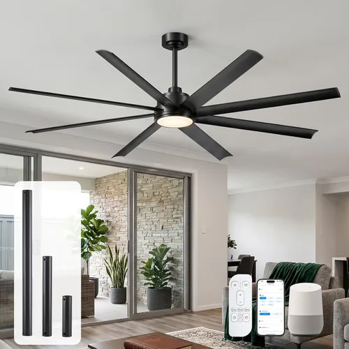Vista 12 de 72 Inch Outdoor Ceiling Fan with Light, Modern Black Smart Ceiling Fan with Alexa/App/Remote Control, 8 Anti-Rust Aluminum Blades, High 9799 CFM