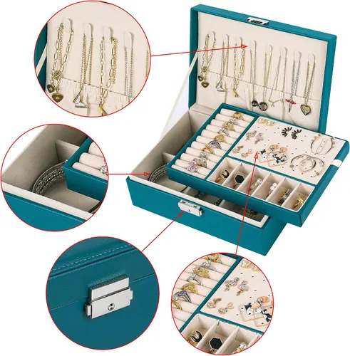 Vista 2 de Joyero para mujer cuero con candado organizador portátil de joyas de 2 capas y caja de almacenamiento collares pulseras anillos soporte para aretes