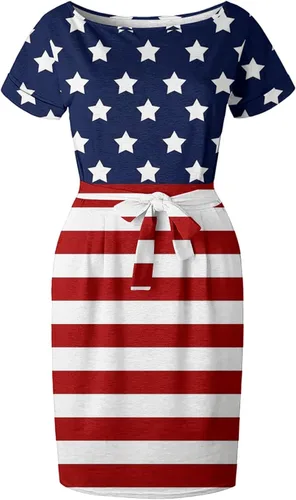 Vista 4 de Ginge Vestidos de verano para mujer, estilo casual, con lazo en la cintura, con bolsillos, manga corta, cuello redondo, moderno vestido floral