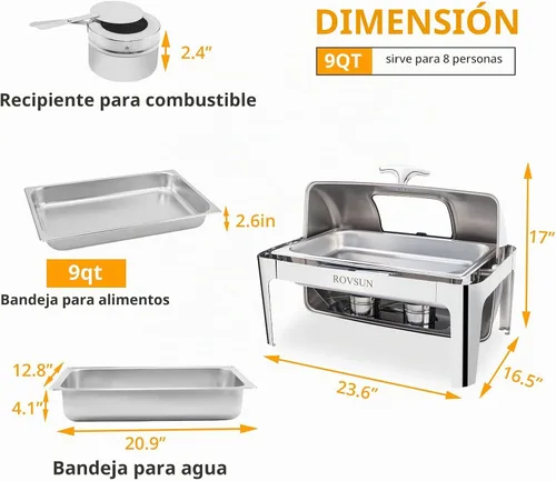 Vista 8 de ROVSUN - Juego de 3 platos de bufé con tapa enrollable, 9 cuartos de galón de acero inoxidable rectangular para catering, servidores de bufé