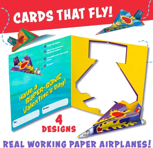 Vista 4 de Peaceable Kingdom Tarjeta de Avión de Papel Super San Valentín, 1 EA 28 San Valentín listos para regalar para toda la clase. Incluye 28 tarjetas