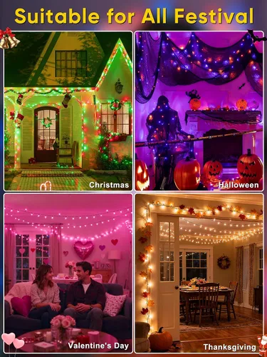 Vista 6 de Guhope Luces de Navidad inteligentes que cambian de color, 66 pies, 200 luces LED RGB de Navidad con aplicación y control remoto, luces impermeables