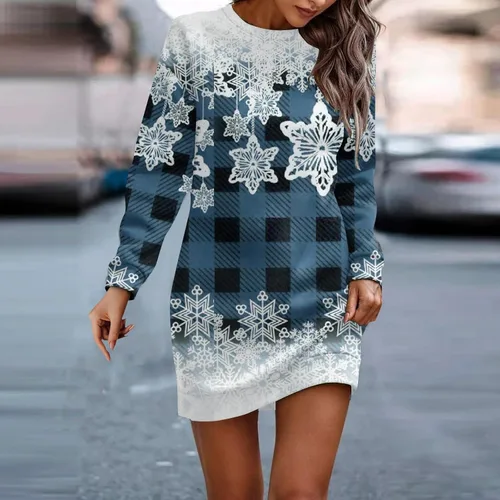 Vista 2 de ZPWSHI Vestido de manga larga para mujer, casual, estampado navideño, sin botones, a la cadera, vestido de suéter