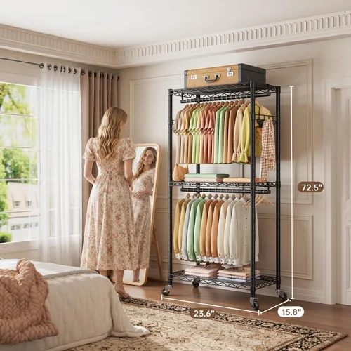 Vista 3 de Golpart Estante de ropa rodante resistente Ruedas Estante de ropa portátil de metal Wardrobe Adjustable Wire Shelving Metal Double Clothing Racks