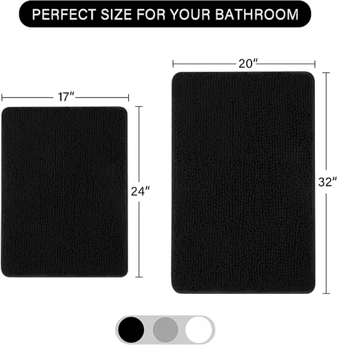 Vista 2 de LOCHAS Juego de 2 alfombras de baño de 17 x 24 pulgadas más 20 x 32 pulgadas de grosor, antideslizantes, alfombra de baño de felpilla suave y Negro