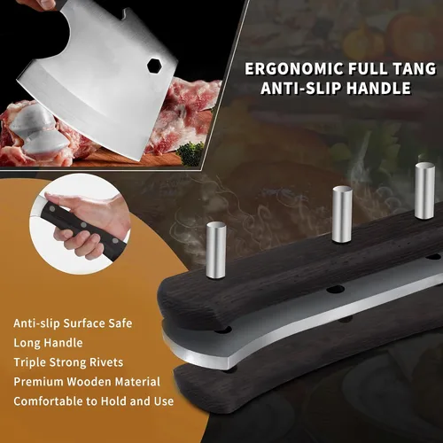Vista 8 de Kitory Cuchilla de carne, cuchillo de corte de huesos resistente, hoja súper gruesa en forma de hachas de espiga completa, rompe huesos, cuchillo