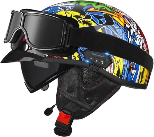 Vista 12 de Casco de cara abierta con Bluetooth para hombres y mujeres, casco retro de estilo alemán con diseño de calavera, visera con gafas, casco de media
