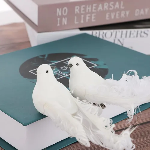 Vista 9 de Paquete de 12 palomas blancas artificiales, decoración de palomas blancas con clips de metal, plumas de simulación, mini pájaros blancos con clip