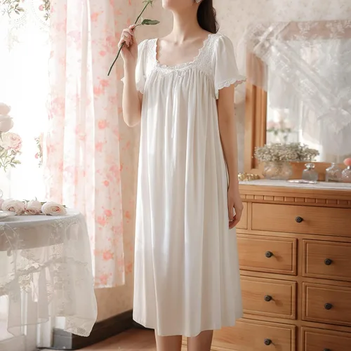 Vista 4 de Camisón victoriano de algodón para mujer, suave, largo, para dormir, manga corta, pijama de princesa, ropa de dormir