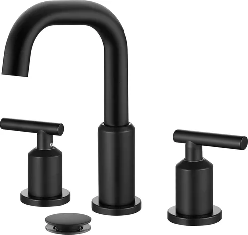Vista 11 de gotonovo Grifo de lavabo de baño de 8 pulgadas, 3 agujeros, 2 asas, lavabo con drenaje desplegable con válvulas mezcladoras frías y calientes