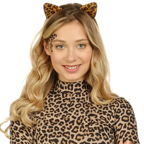 Vista 2 de Funcredible Diadema de orejas de guepardo con tatuajes diadema de leopardo con tatuaje temporal accesorios de disfraz de Halloween para adultos