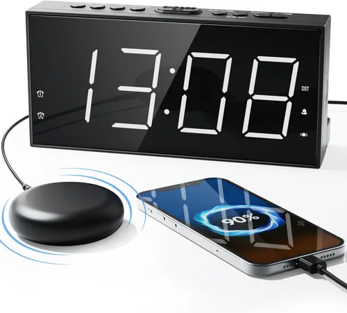 Vista 8 de Reloj despertador súper fuerte con agitador de cama, reloj despertador vibratorio para personas que duermen con problemas auditivos y adolescentes